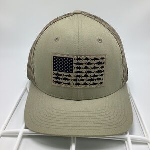 Columbia PFG Mesh Fitted Back Hat Cap Size L/XL Flex Stretch Tan Fish Flag Logo